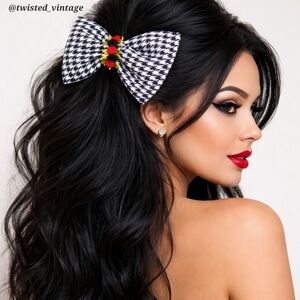 Handmade Black and White Houndstooth Hair Bow Pin with Tiny Red Roses